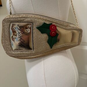 Holiday ARCADE Gold Glitter Champagne Bottle Crossbody Purse Chain Link Strap